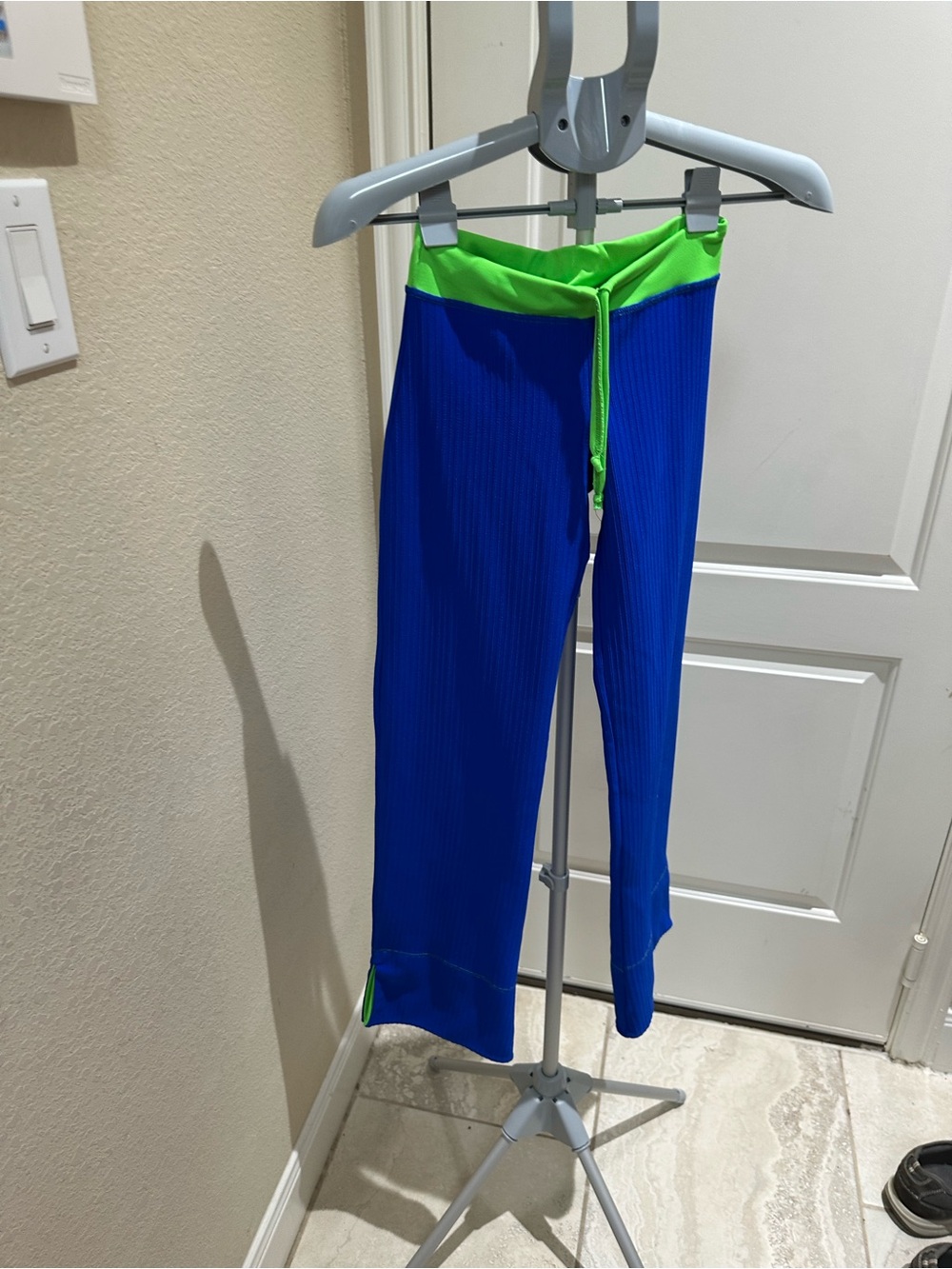 Blue Ribbed Pants with Neon Green Waistband